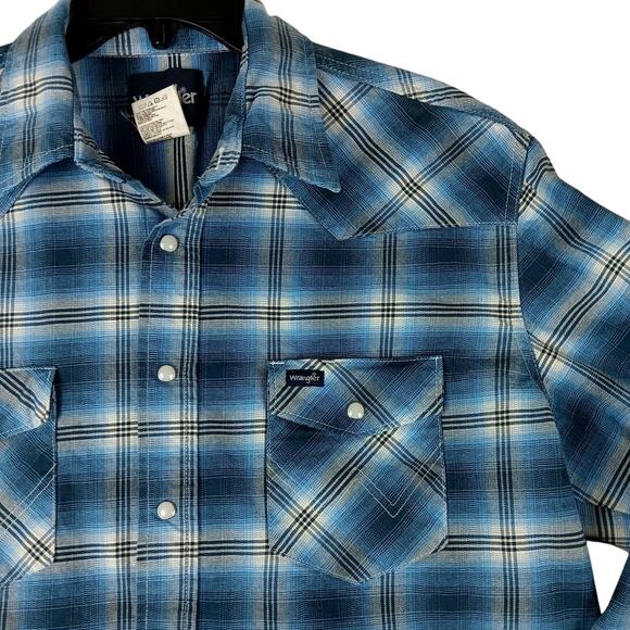 Wrangler Western Shirt Mens XL Blue Plaid Pearl Snap Rodeo Cowboy Twill - Picture 2 of 10